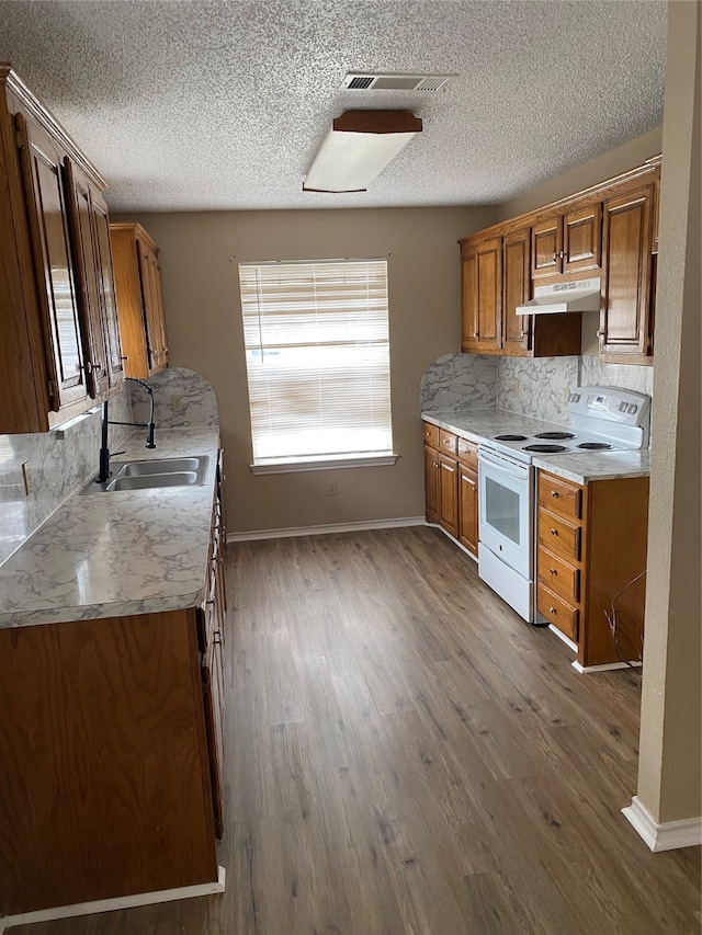 kitchen featuring white electric range, a wealth of natural light, and wood-type flooring