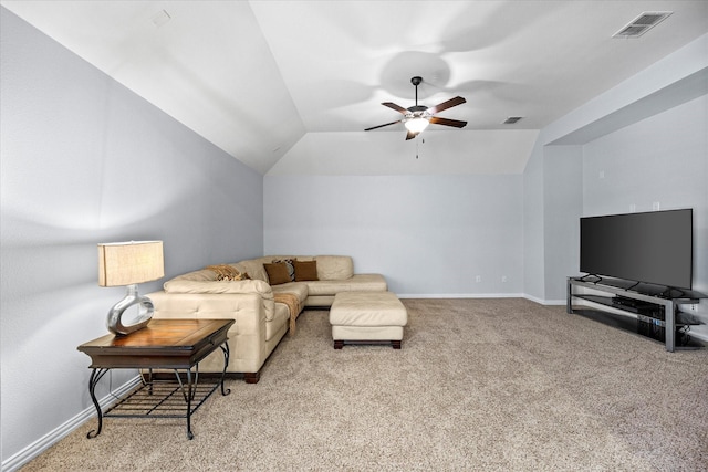 living room with light carpet, ceiling fan, and vaulted ceiling