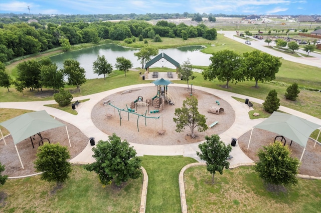 drone / aerial view featuring a water view