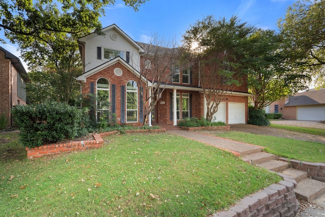 traditional home featuring brick siding and a front lawn