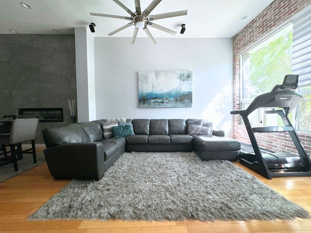 living room featuring hardwood / wood-style flooring and ceiling fan