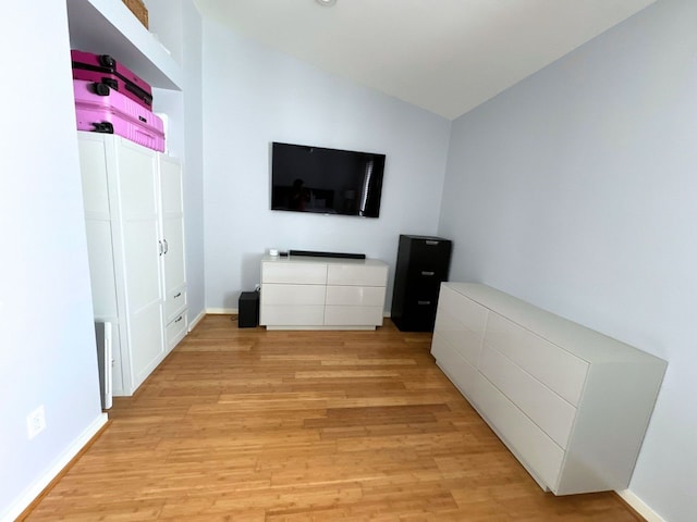 interior space featuring light wood-type flooring and vaulted ceiling