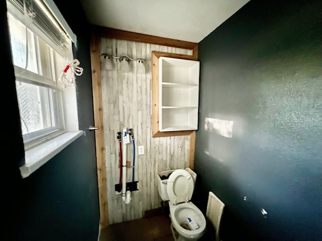 bathroom featuring a healthy amount of sunlight, wooden walls, and toilet