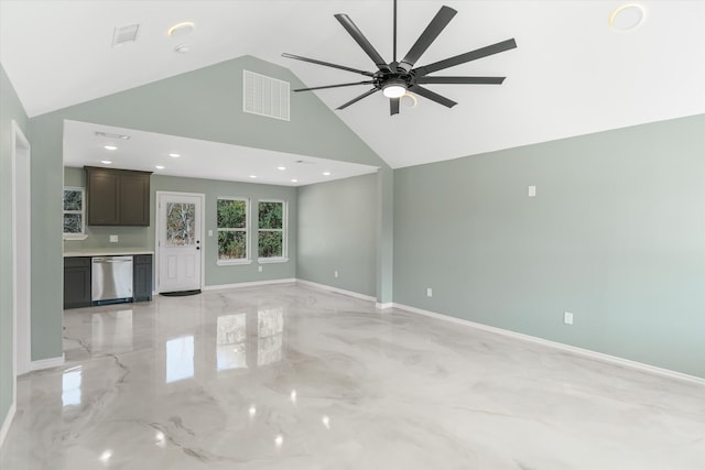 unfurnished living room with ceiling fan and high vaulted ceiling