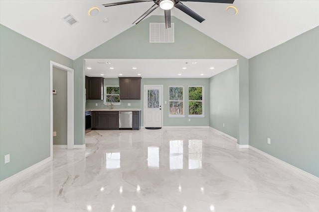 unfurnished living room featuring high vaulted ceiling