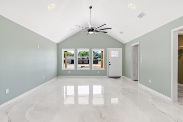 living room with ceiling fan and lofted ceiling