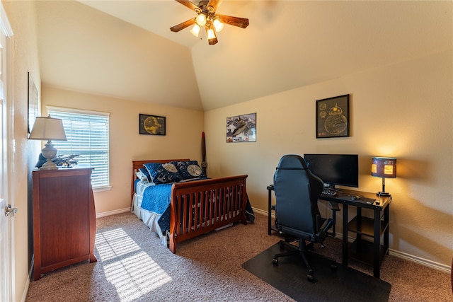 carpeted bedroom featuring ceiling fan and vaulted ceiling