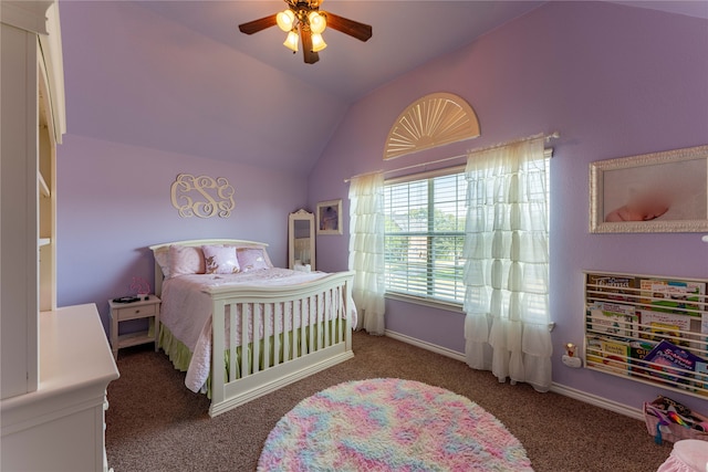 bedroom featuring ceiling fan, dark carpet, and vaulted ceiling