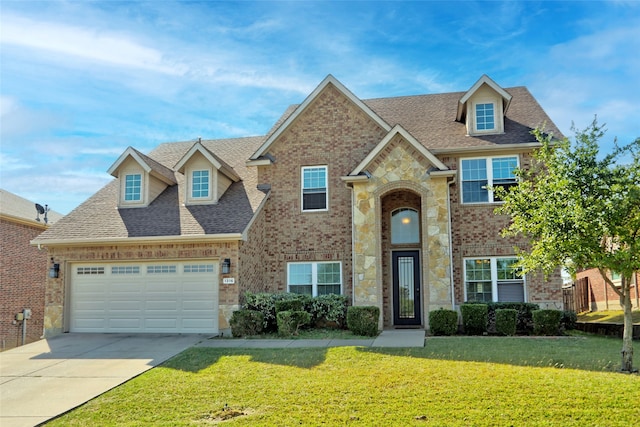 view of front facade with a front lawn and a garage