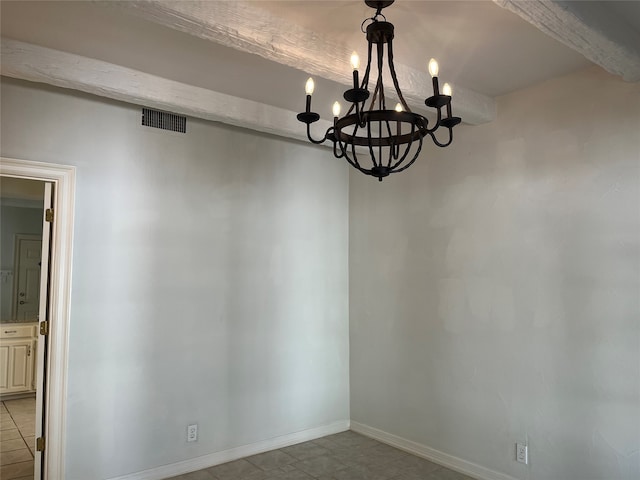 unfurnished dining area with light tile patterned floors and a chandelier