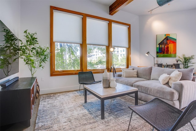 living room featuring beamed ceiling and rail lighting