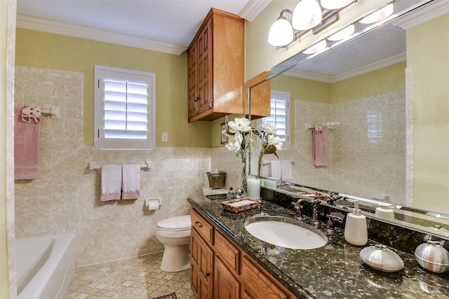 full bathroom featuring a textured ceiling, ornamental molding, vanity, and toilet