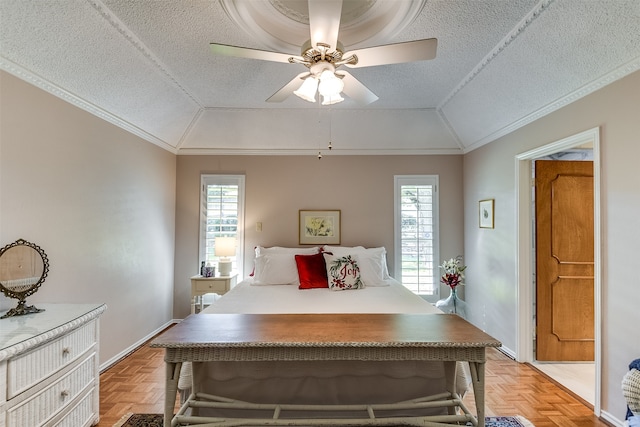 bedroom featuring light parquet floors, multiple windows, and ceiling fan