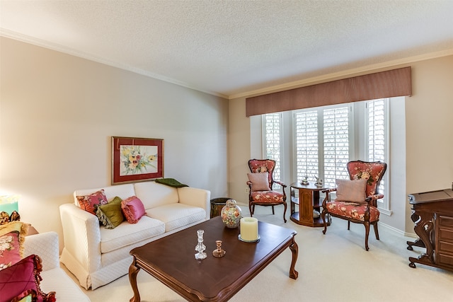 carpeted living room with ornamental molding and a textured ceiling