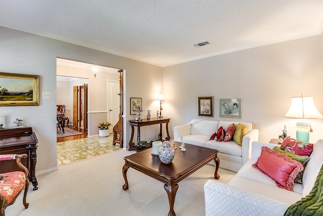 living room featuring ornamental molding, light colored carpet, and a textured ceiling