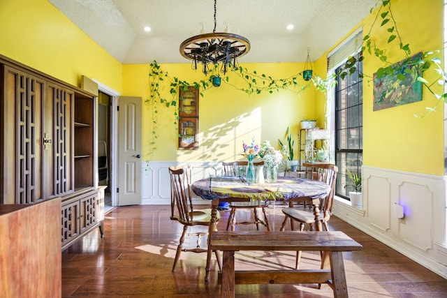 dining area with a textured ceiling, lofted ceiling, plenty of natural light, and dark wood-type flooring