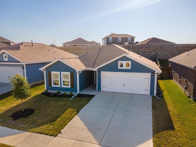 ranch-style house with a garage and a front yard