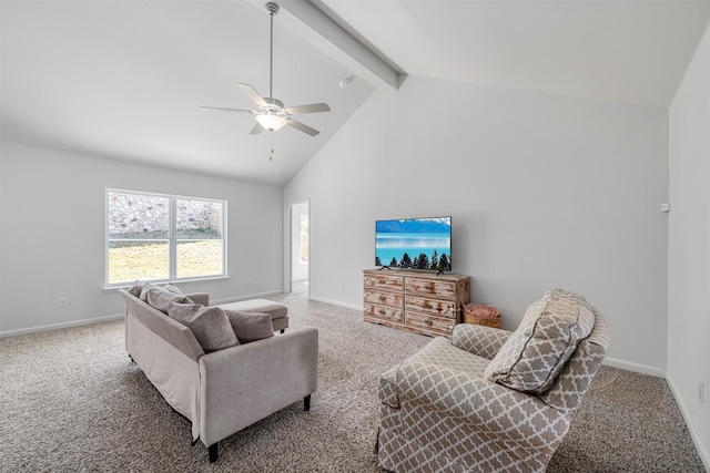 living room featuring ceiling fan, high vaulted ceiling, carpet floors, and beam ceiling