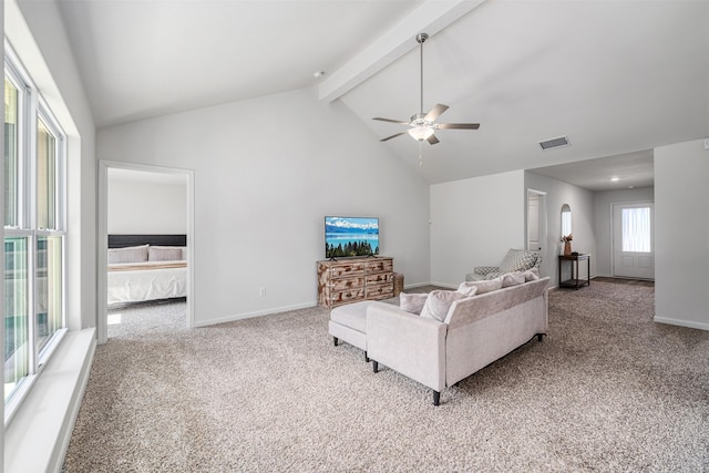 living room featuring ceiling fan, high vaulted ceiling, carpet floors, and beam ceiling