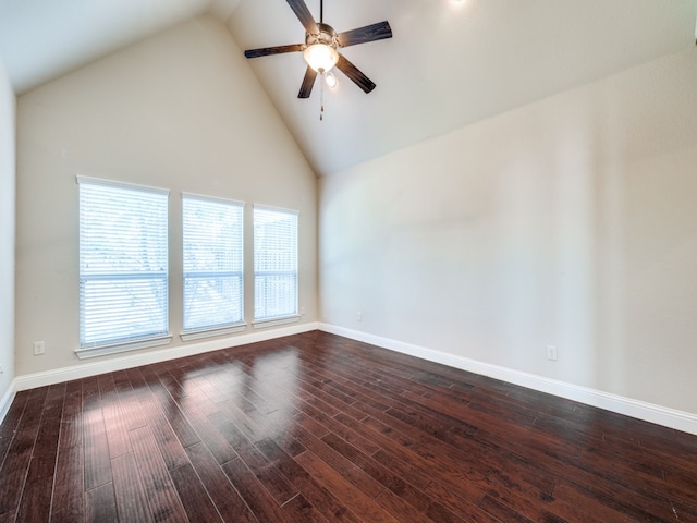 spare room featuring high vaulted ceiling, wood-type flooring, and ceiling fan