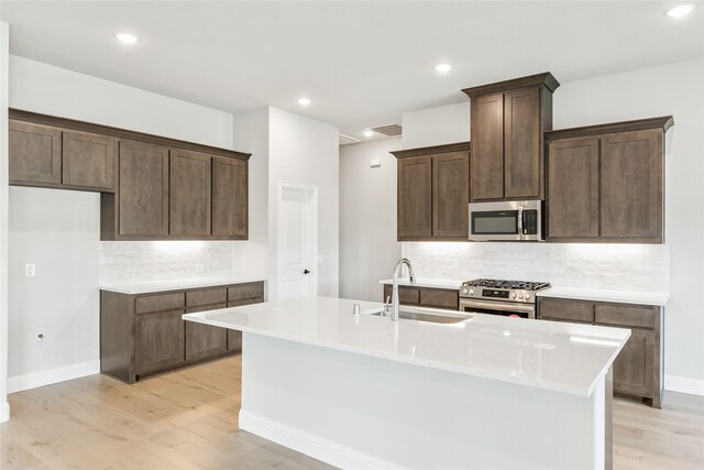 kitchen featuring sink, decorative backsplash, an island with sink, and appliances with stainless steel finishes