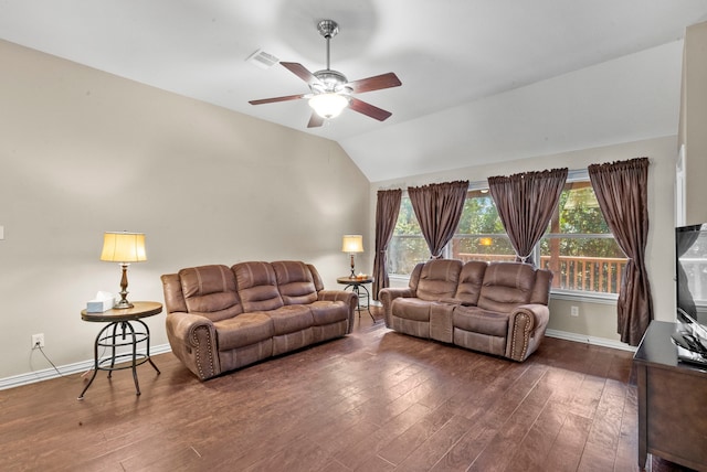 living room featuring ceiling fan, vaulted ceiling, and dark hardwood / wood-style flooring