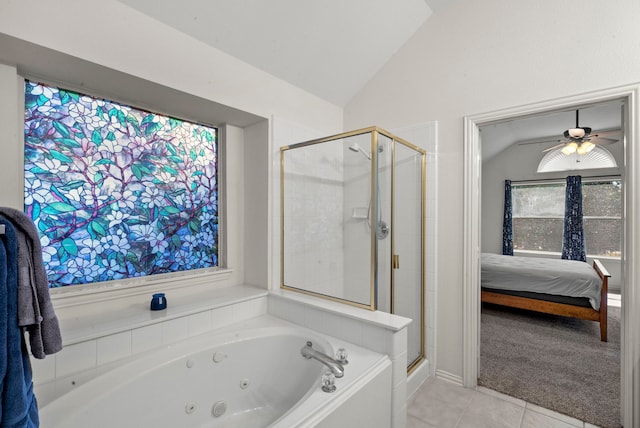 bathroom with lofted ceiling, tile patterned floors, ceiling fan, and separate shower and tub