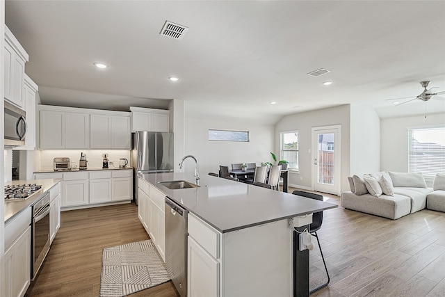 kitchen featuring light hardwood / wood-style floors, stainless steel appliances, a center island with sink, and sink