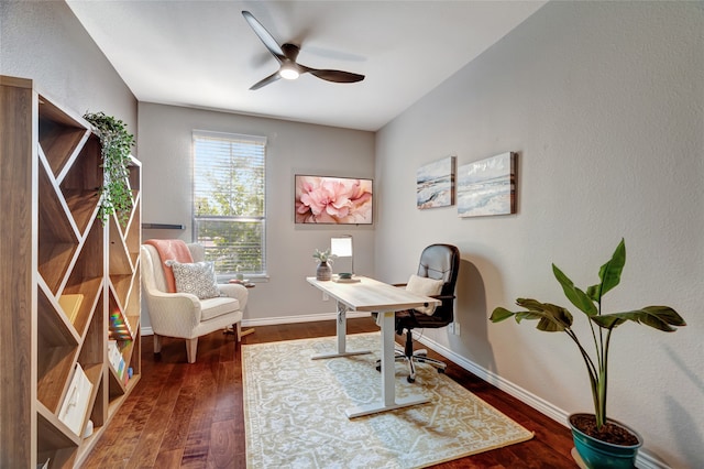 office with ceiling fan and dark hardwood / wood-style floors