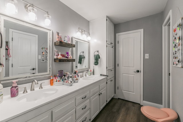 bathroom with hardwood / wood-style flooring and vanity