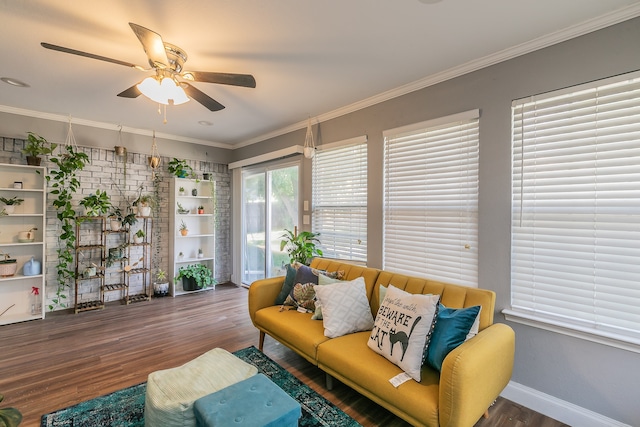 living room with dark wood-type flooring, crown molding, and ceiling fan