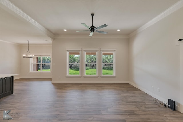 unfurnished living room featuring light hardwood / wood-style flooring, ceiling fan with notable chandelier, and ornamental molding