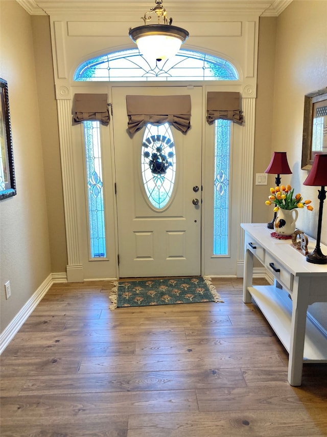 entryway featuring dark wood-type flooring and crown molding