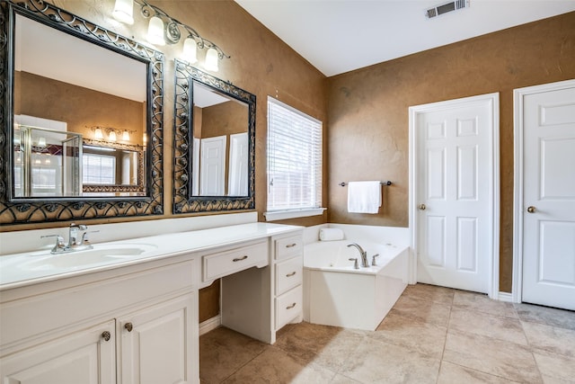 bathroom featuring vanity and plus walk in shower