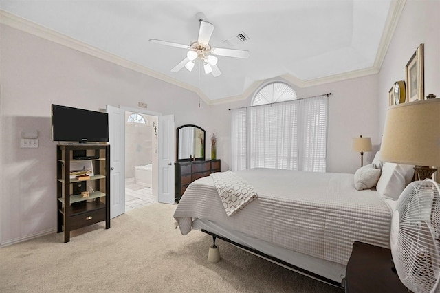 bedroom featuring crown molding, light colored carpet, ceiling fan, and ensuite bathroom