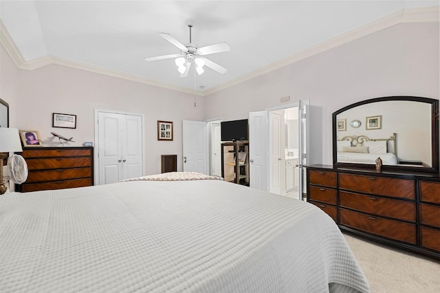 carpeted bedroom with crown molding, ceiling fan, and vaulted ceiling