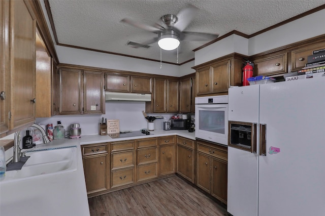 kitchen with ornamental molding, white appliances, light hardwood / wood-style floors, and a textured ceiling