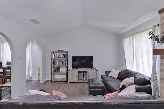 living room with vaulted ceiling and light hardwood / wood-style floors