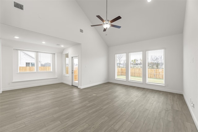 unfurnished living room featuring ceiling fan, light hardwood / wood-style floors, and high vaulted ceiling