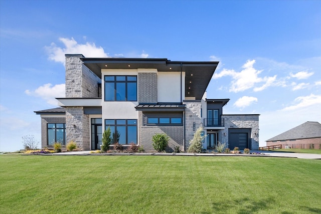 view of front facade with stone siding, metal roof, a standing seam roof, a front lawn, and stucco siding