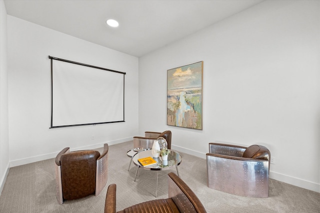 home theater room featuring carpet, recessed lighting, and baseboards