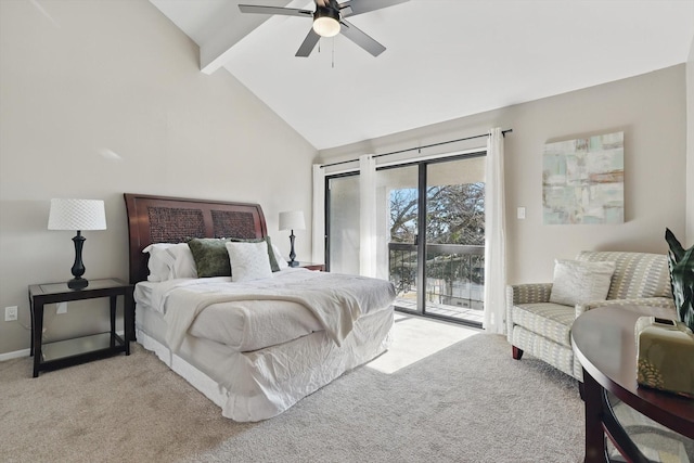 bedroom featuring access to exterior, beam ceiling, light colored carpet, ceiling fan, and baseboards