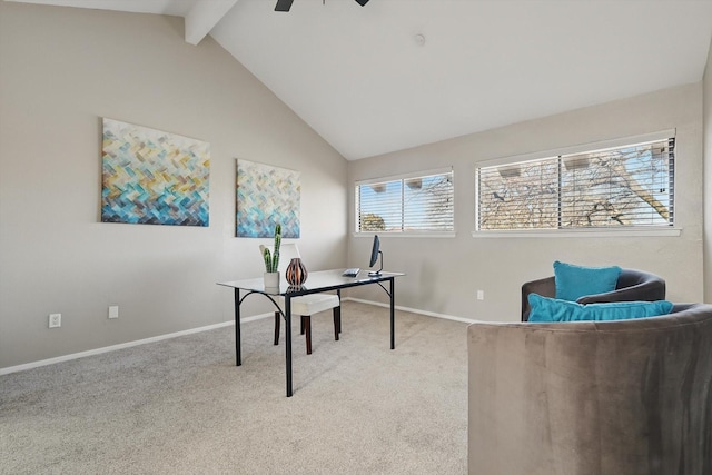 office featuring baseboards, ceiling fan, beam ceiling, and light colored carpet