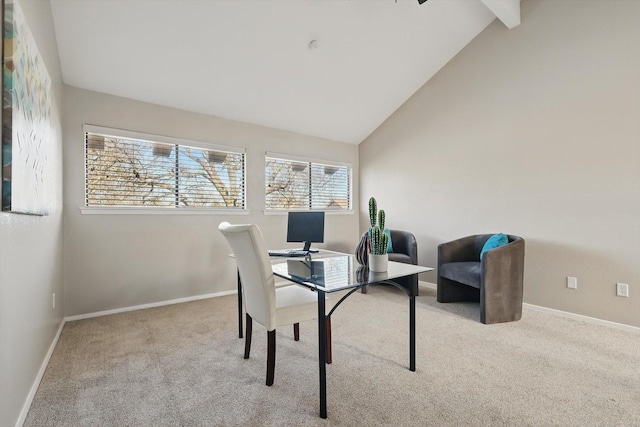 home office featuring light carpet, high vaulted ceiling, baseboards, and beam ceiling