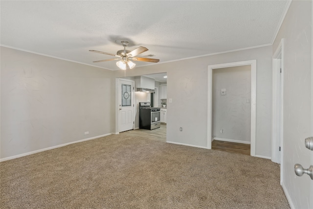 interior space featuring crown molding, ceiling fan, and a textured ceiling