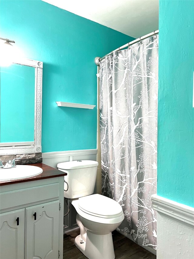 bathroom featuring hardwood / wood-style floors, a shower with shower curtain, vanity, and toilet