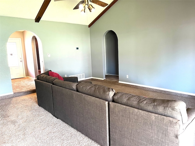 living room with carpet floors, lofted ceiling with beams, and ceiling fan