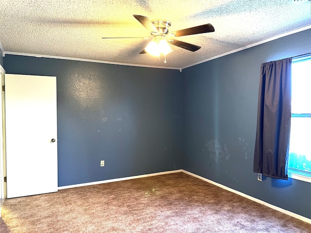 spare room featuring crown molding, ceiling fan, carpet, and a textured ceiling