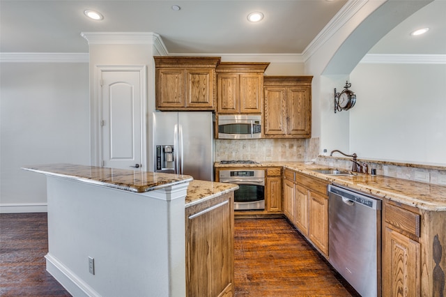 kitchen with sink, light stone counters, decorative backsplash, dark hardwood / wood-style floors, and appliances with stainless steel finishes