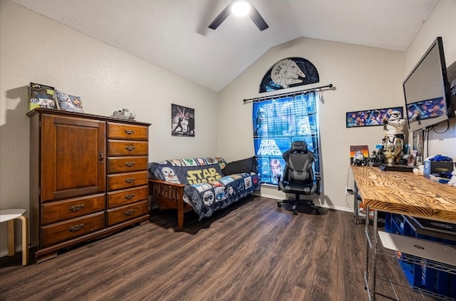 bedroom featuring ceiling fan, lofted ceiling, and dark wood-type flooring